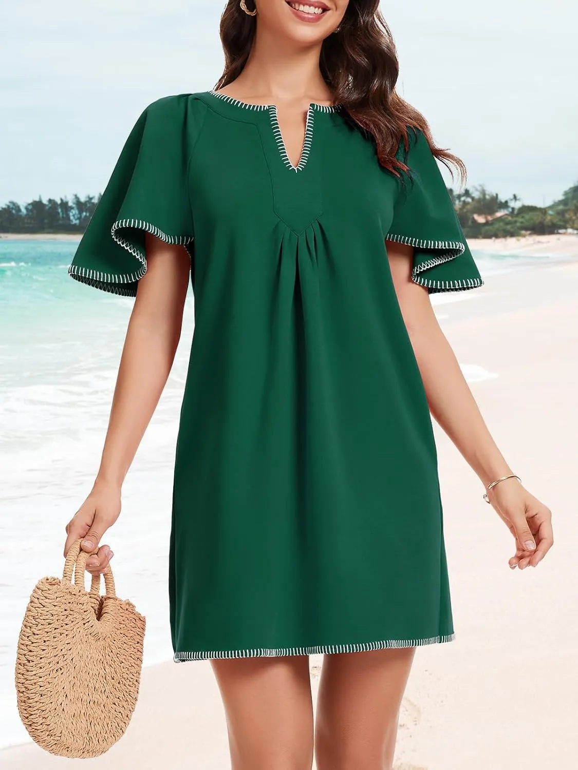 HOULENGS Women's Summer Ruffle Short Sleeve A Line Mini Dress Casual Contrast Trim V Neck Short Dress with Pockets