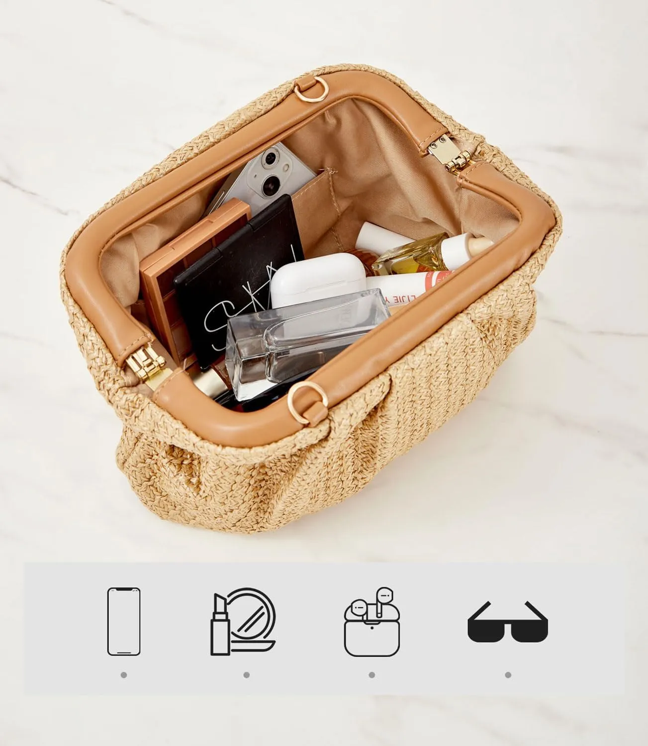 Huralona Women Straw Woven Clutch Purse Pleated Handbag for Summer Beach Vacation Straw Shoulder Crossbody Bag