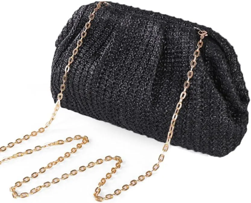 Huralona Women Straw Woven Clutch Purse Pleated Handbag for Summer Beach Vacation Straw Shoulder Crossbody Bag
