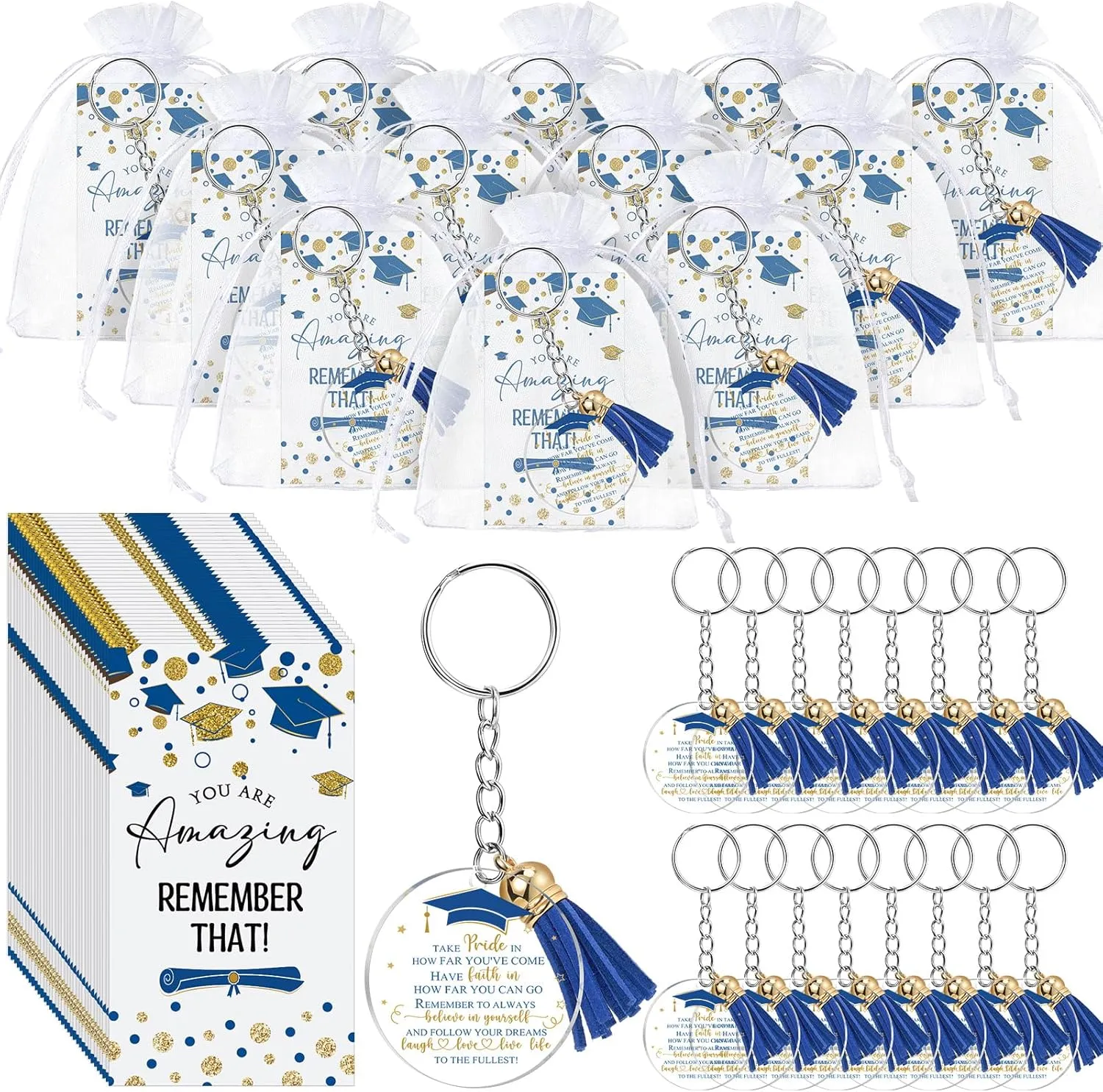Inbagi 100 Set Graduation Gifts Keychain Class of 2025 Graduation Tassel Keychain Inspirational Cards for Party Favors University College Middle High School Graduate Souvenir Masters Nurse(Blue)