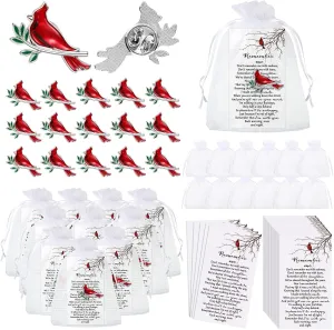 Inbagi Memorial Cardinal Pin Set, Red Cardinal Bird Pocket Tokens with Organza Bags and "Remember Me" Poem Cards, Funeral Favors and Sympathy Gifts for Guests