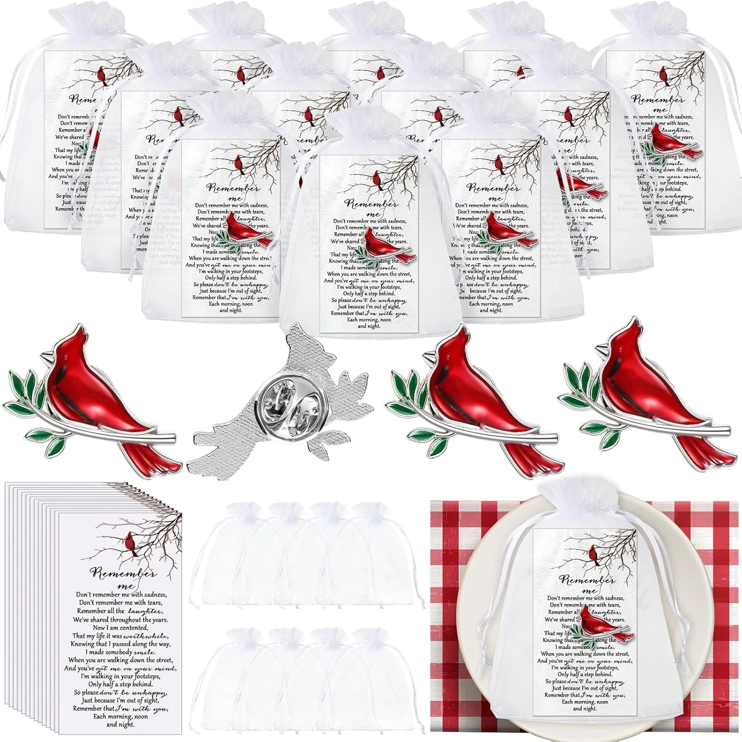 Inbagi Memorial Cardinal Sign Pins Set Include Bird Funeral Pocket Token Red Cardinal Pin Organza Bags and Remember Me Poem Cards Charms Funeral Favors for Guests Gift (60 Sets)