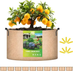 iPower 15 Gallon 10 Pack Grow Bags Nonwoven Fabric Pots Aeration Container with Strap Handles for Garden and Planting, 10-Pack Tan, 15 Gallon