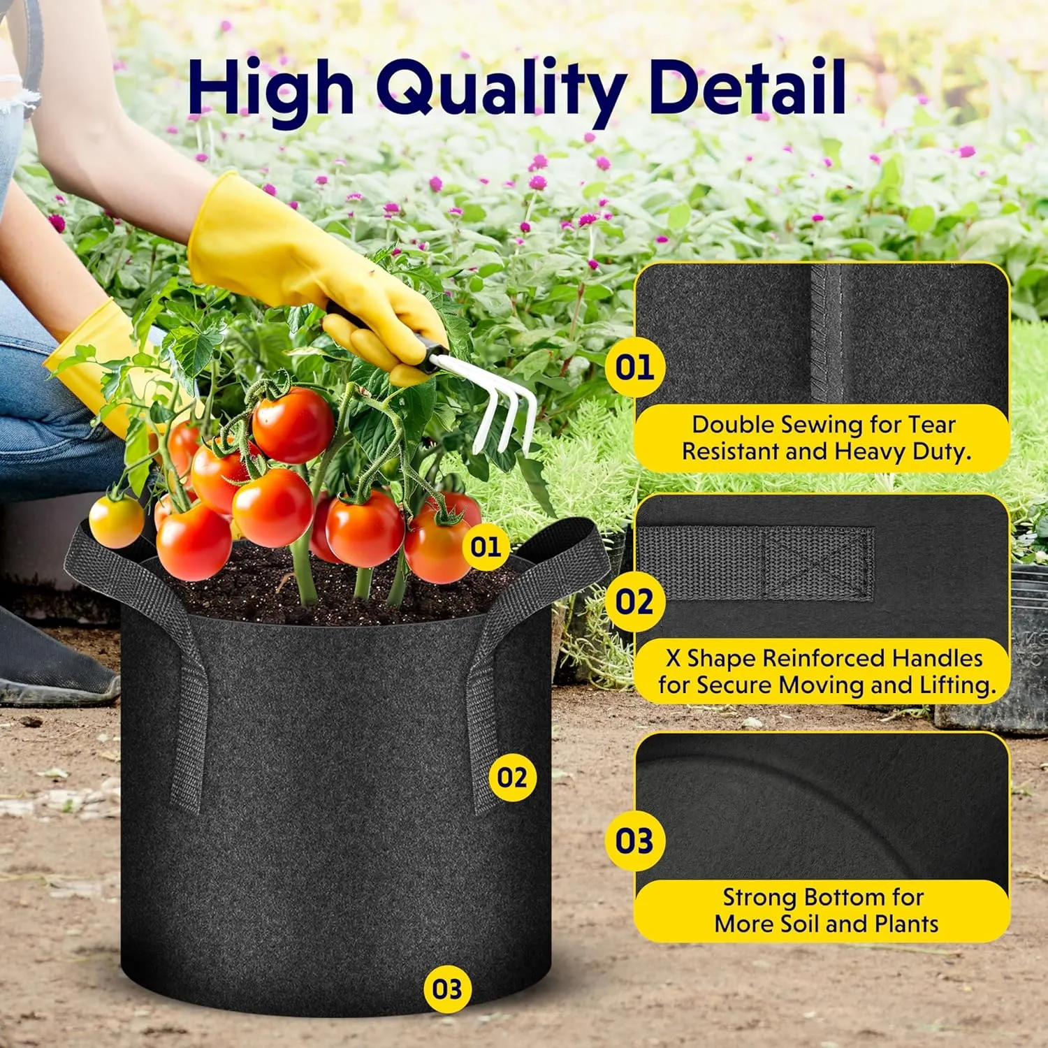 iPower 5 Pack 25 Gallon Grow Bags Heavy Duty 300G Thickened Nonwoven Fabric Plant Pots with 5 Labels & Handles for Outdoor Garden, Aeration Planter Bags for Fruits, Vegetables, Tomato & Flowers, Black