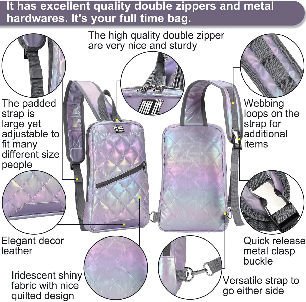 Iridescent Crossbody Shoulder Puffer Backpack for Women Men, Travel Hiking Small Chest Bag Daypack