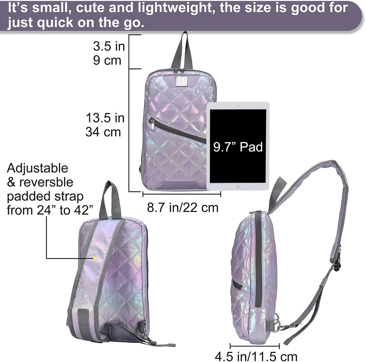 Iridescent Crossbody Shoulder Puffer Backpack for Women Men, Travel Hiking Small Chest Bag Daypack