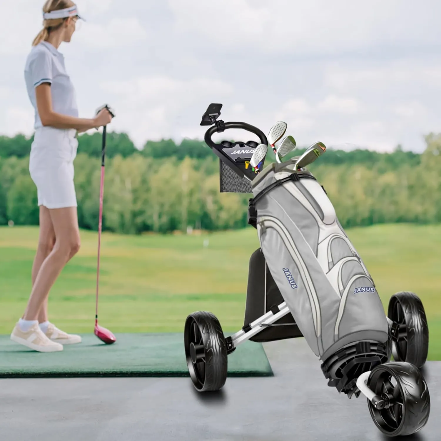 JANUS Golf cart, Foldable Golf Push cart, Golf Bag cart, Golf Pull cart with Phone Holder and Storage Bag. Golf Caddy had Large Wing or Small Wing, can be Suitable for Golf Bags of Different Sizes.