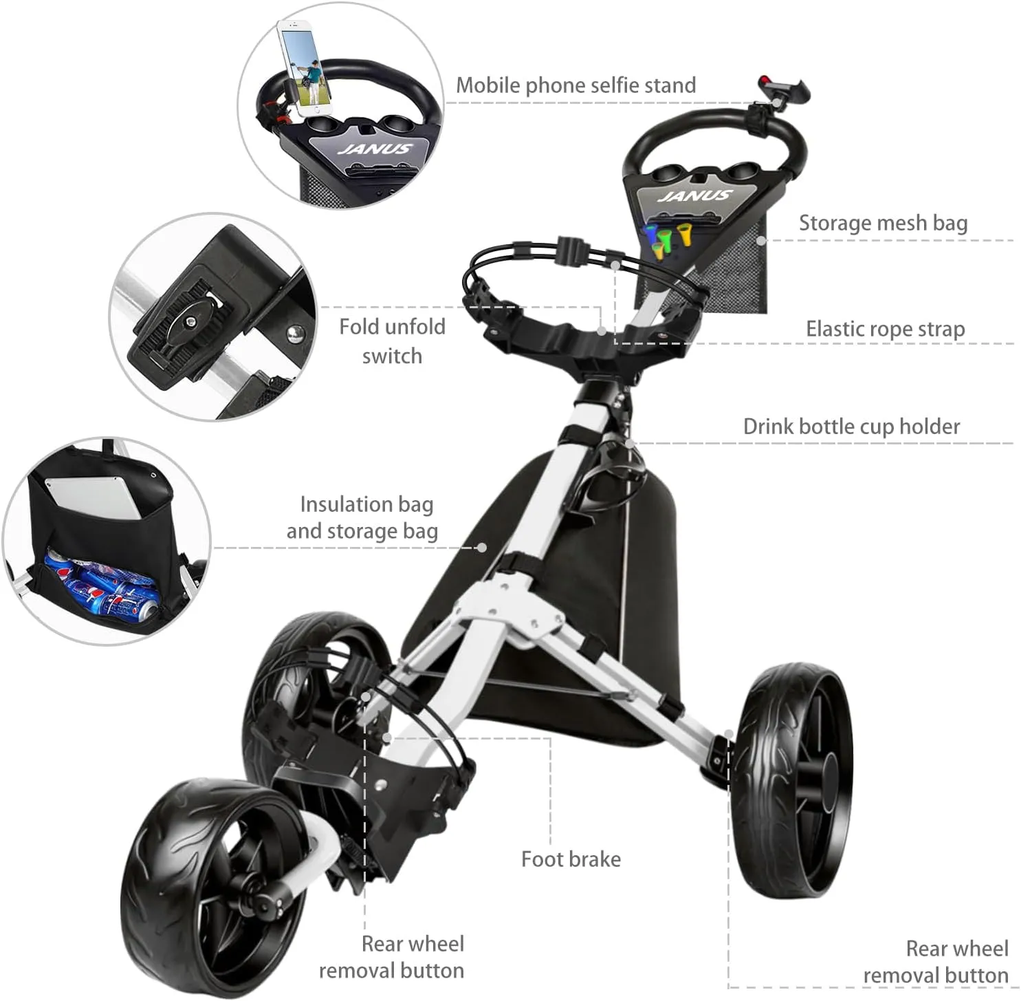 JANUS Golf cart, Foldable Golf Push cart, Golf Bag cart, Golf Pull cart with Phone Holder and Storage Bag. Golf Caddy had Large Wing or Small Wing, can be Suitable for Golf Bags of Different Sizes.