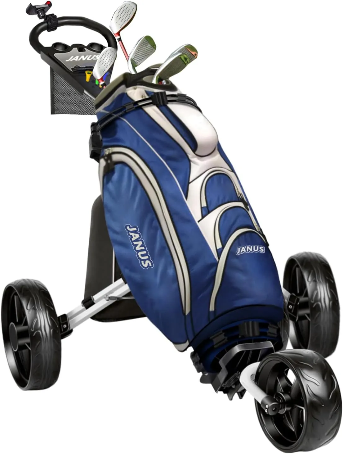 JANUS Golf cart, Foldable Golf Push cart, Golf Bag cart, Golf Pull cart with Phone Holder and Storage Bag. Golf Caddy had Large Wing or Small Wing, can be Suitable for Golf Bags of Different Sizes.