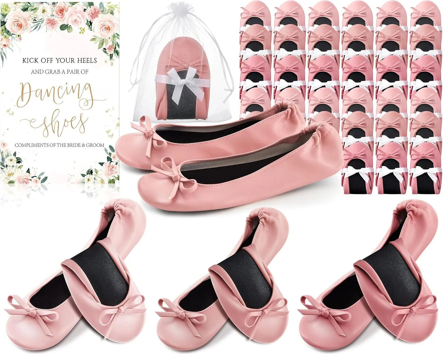Jecery 24 Pairs Bridal Shower Supplies Wedding Foldable Ballet Flat Set Ballerina Shoes Party Sign Portable Roll up Travel Slippers Wedding Dancing Shoes for Guest Bridesmaid