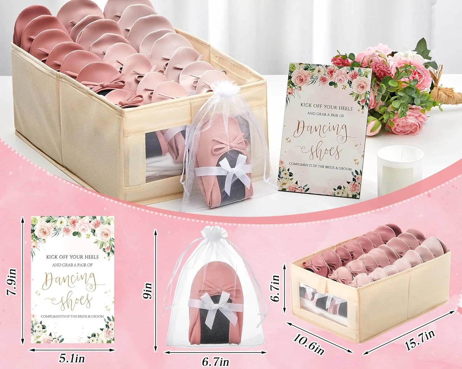 Jecery 24 Pairs Bridal Shower Supplies Wedding Foldable Ballet Flat Set Ballerina Shoes Party Sign Portable Roll up Travel Slippers Wedding Dancing Shoes for Guest Bridesmaid
