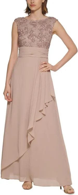 Jessica Howard Women's Cap Sleeve Boat Neck Embellished Chiffon Gown