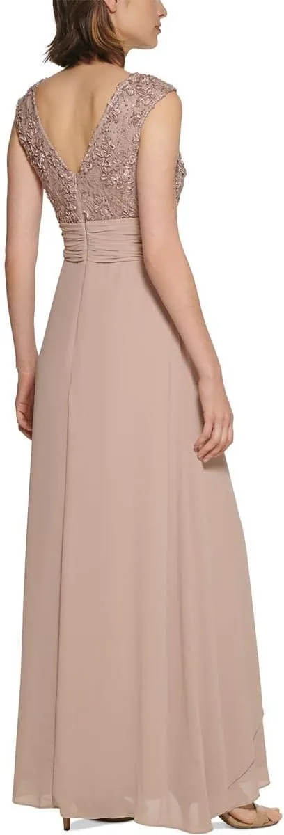 Jessica Howard Women's Cap Sleeve Boat Neck Embellished Chiffon Gown
