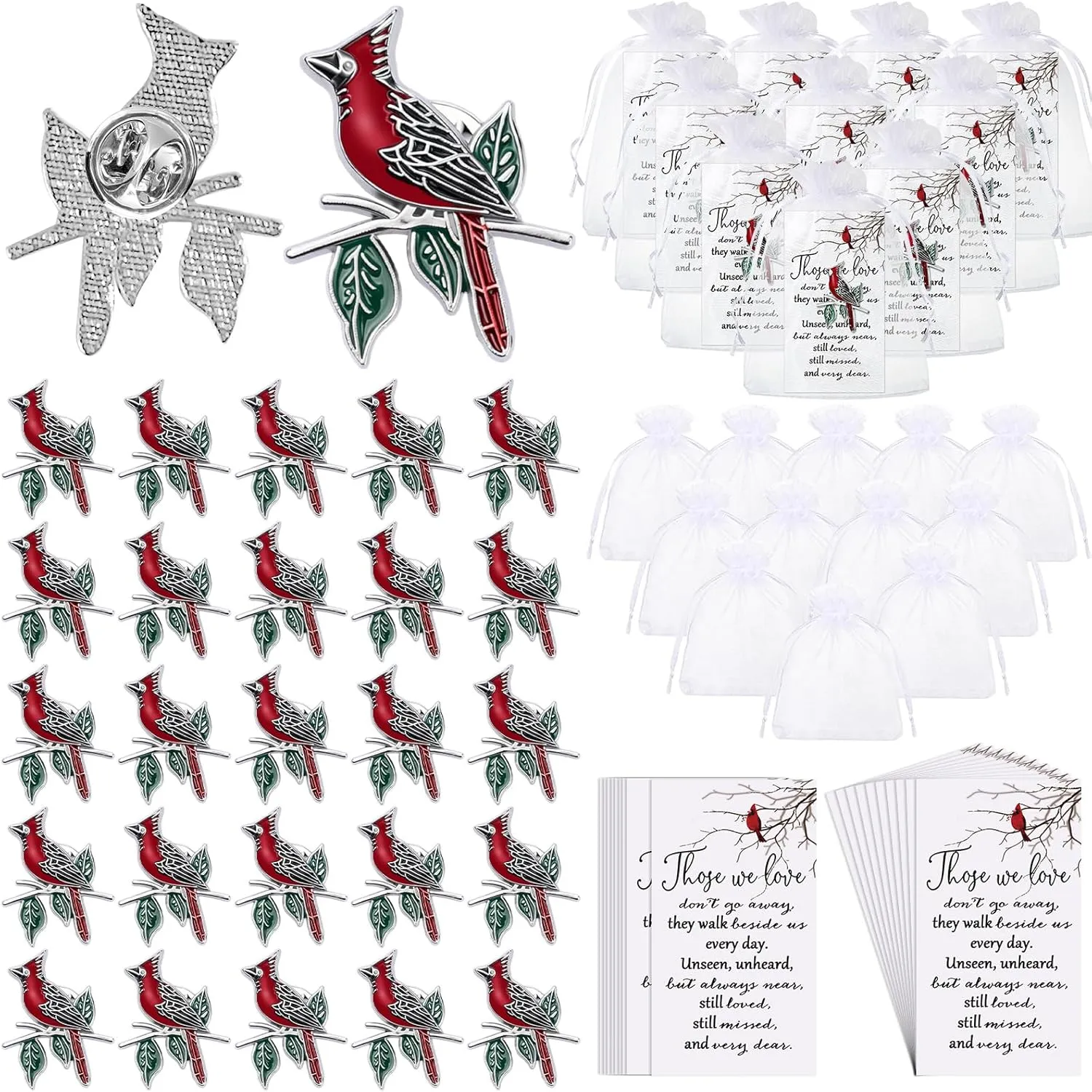 Jexine 240 Pcs Cardinal Pin Sets Include 80 Red Cardinal Brooch Pins, 80 Memorial Cards, 80 Organza Gift Bags Those We Love Do Not Go Away Poem Cards Funeral Gifts for Guests(Elegant)