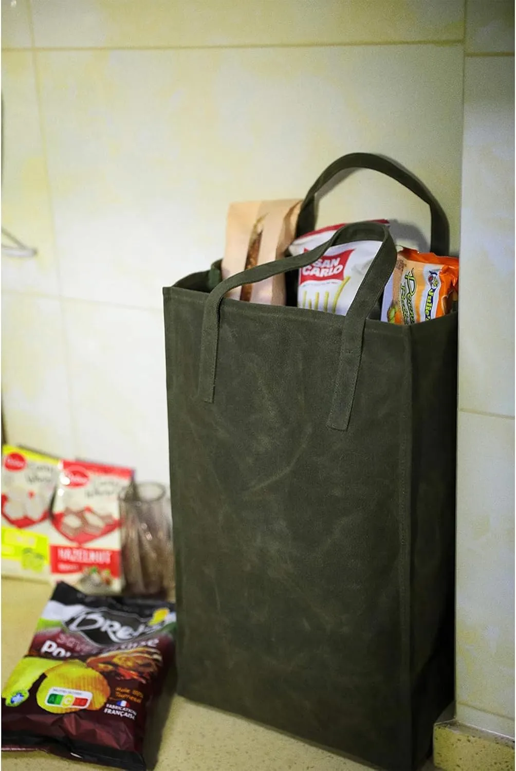 Kaaltisy Waxed Canvas Reusable Grocery Bag Heavy Duty Waxed Shopping Bag Self-Standing Vegan Farmers Market Bag, Tall, Hard Handfeel