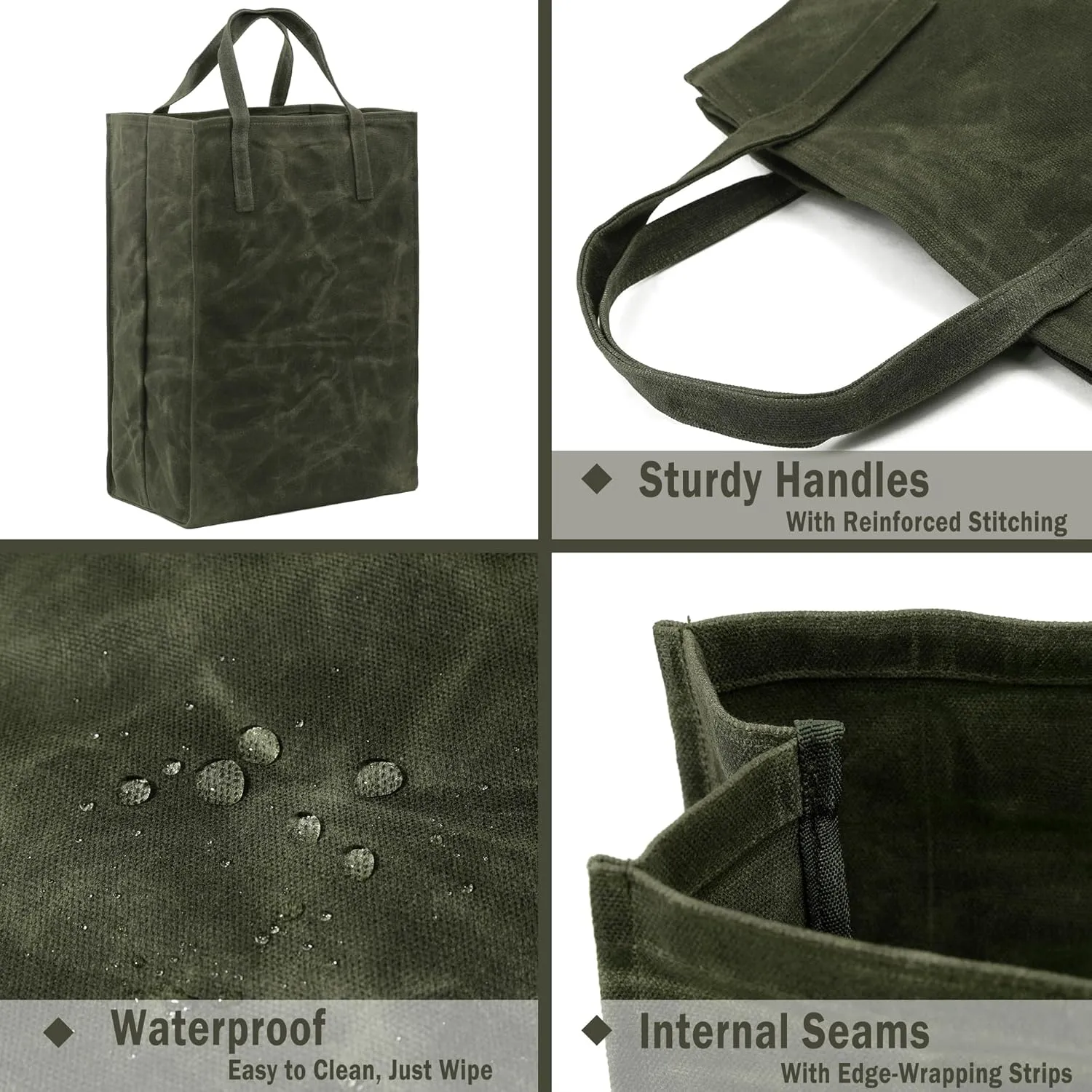 Kaaltisy Waxed Canvas Reusable Grocery Bag Heavy Duty Waxed Shopping Bag Self-Standing Vegan Farmers Market Bag, Tall, Hard Handfeel