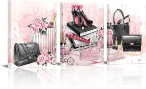 Kalormore Pink Fashion Accessories for Woman Picture Poster High Heel Shoes Pearl Crown Handbag Perfume Canvas Prints Artwork for Girl Bedroom Makeup Room Wall Decoration 3 Pieces (12x16x3)