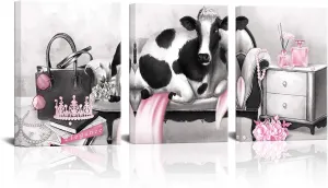 Kalormore Pink Glam Fashion Canvas Poster Elegant Cow with Pearl Crown Perfume Picture Prints Artwork Gift for Girl Woman Bedroom Makeup Room (Pink)