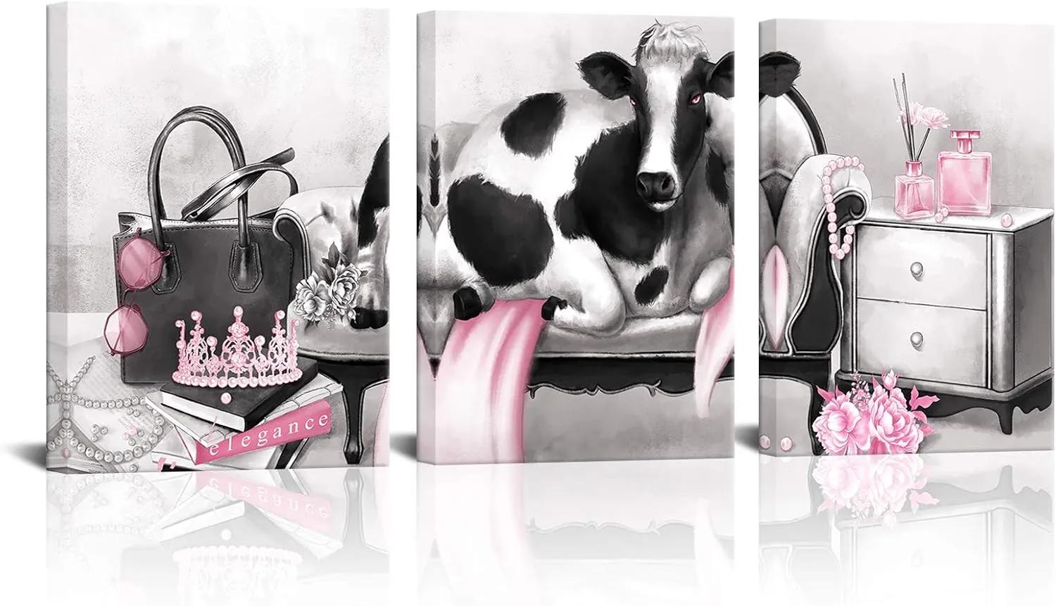 Kalormore Pink Glam Fashion Canvas Poster Elegant Cow with Pearl Crown Perfume Picture Prints Artwork Gift for Girl Woman Bedroom Makeup Room (Pink)