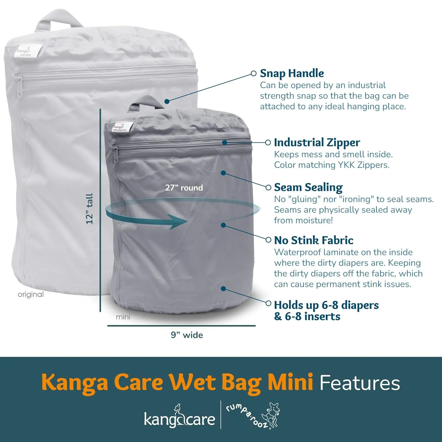 Kanga Care Wet Bag Mini Seam Sealed Waterproof 3D Dimensional for Baby Cloth Diapers, Travel, Beach, Pool, Gym, Swim | Platinum