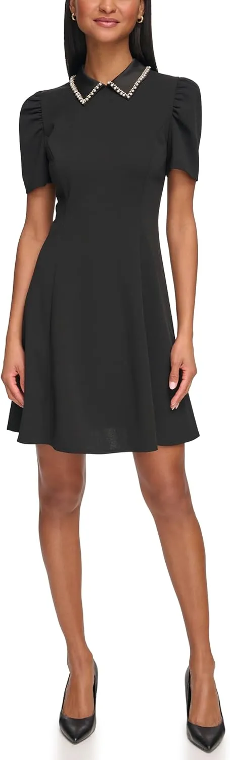 Karl Lagerfeld Paris Women's Short Sleeve Collared Tweed A-line Mini Dress