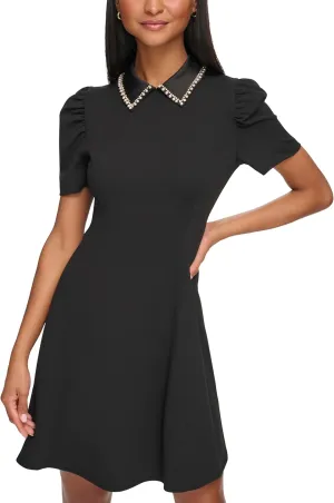 Karl Lagerfeld Paris Women's Short Sleeve Collared Tweed A-line Mini Dress
