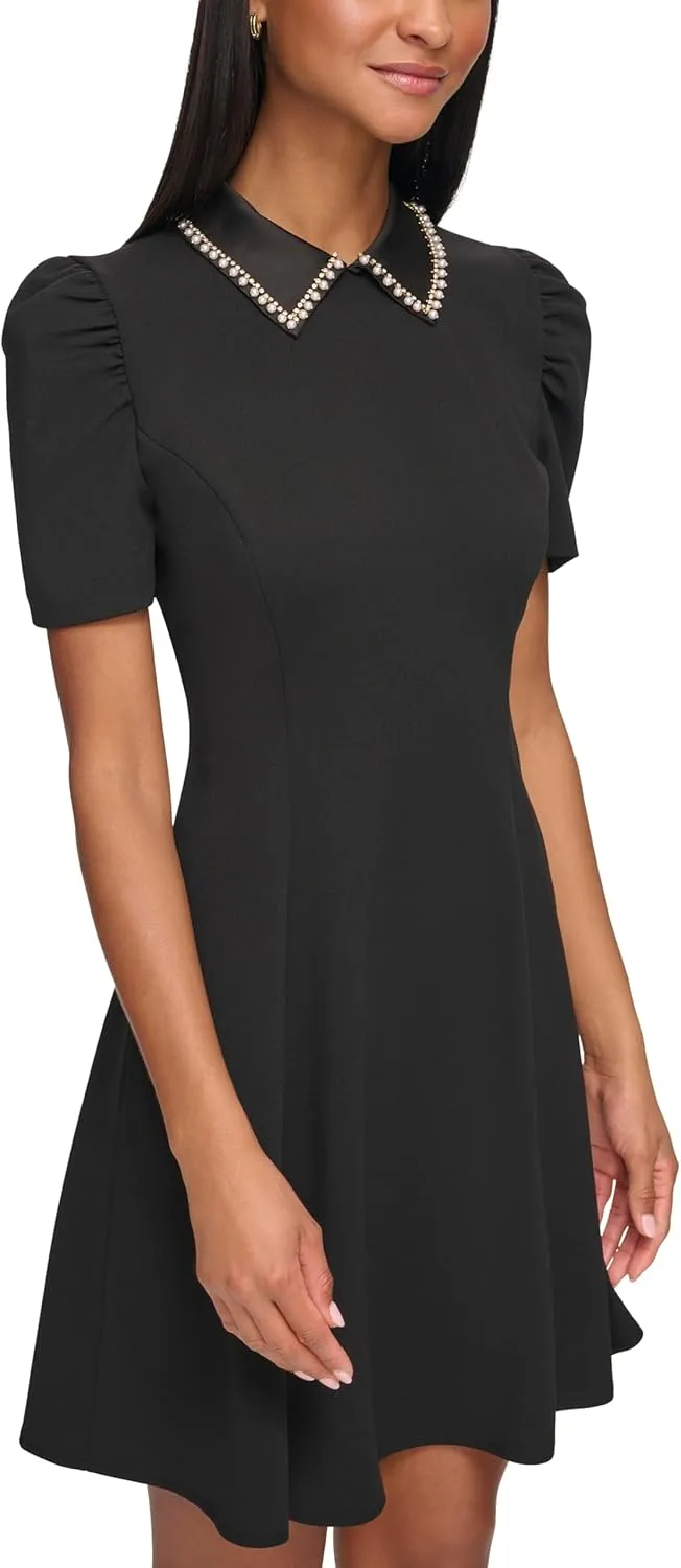 Karl Lagerfeld Paris Women's Short Sleeve Collared Tweed A-line Mini Dress