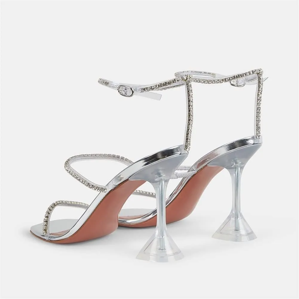 keleimusi Diamante Strap Heeled Sandals for Women Ankle Strappy Flared High Heels 4 Inches