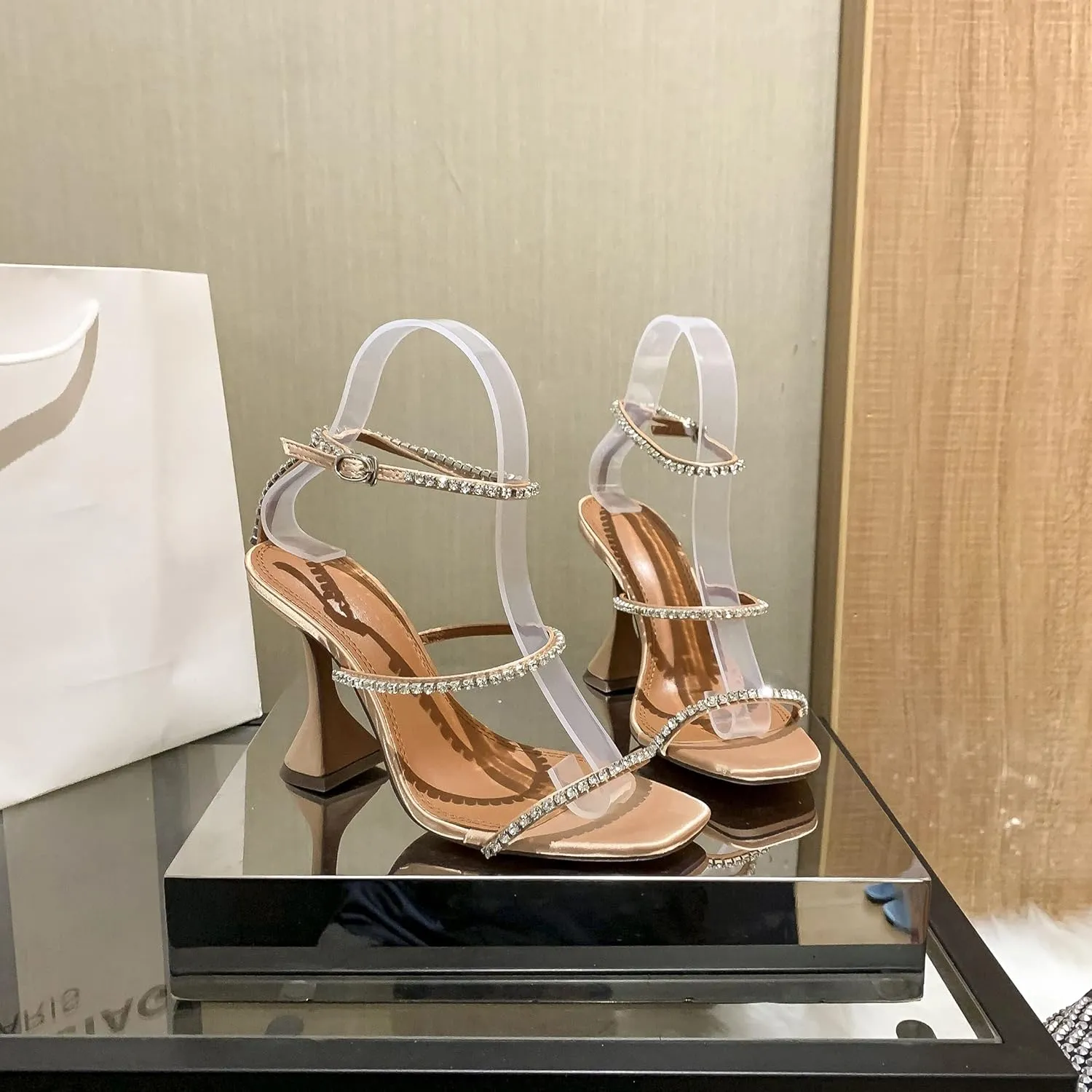 keleimusi Diamante Strap Heeled Sandals for Women Ankle Strappy Flared High Heels 4 Inches