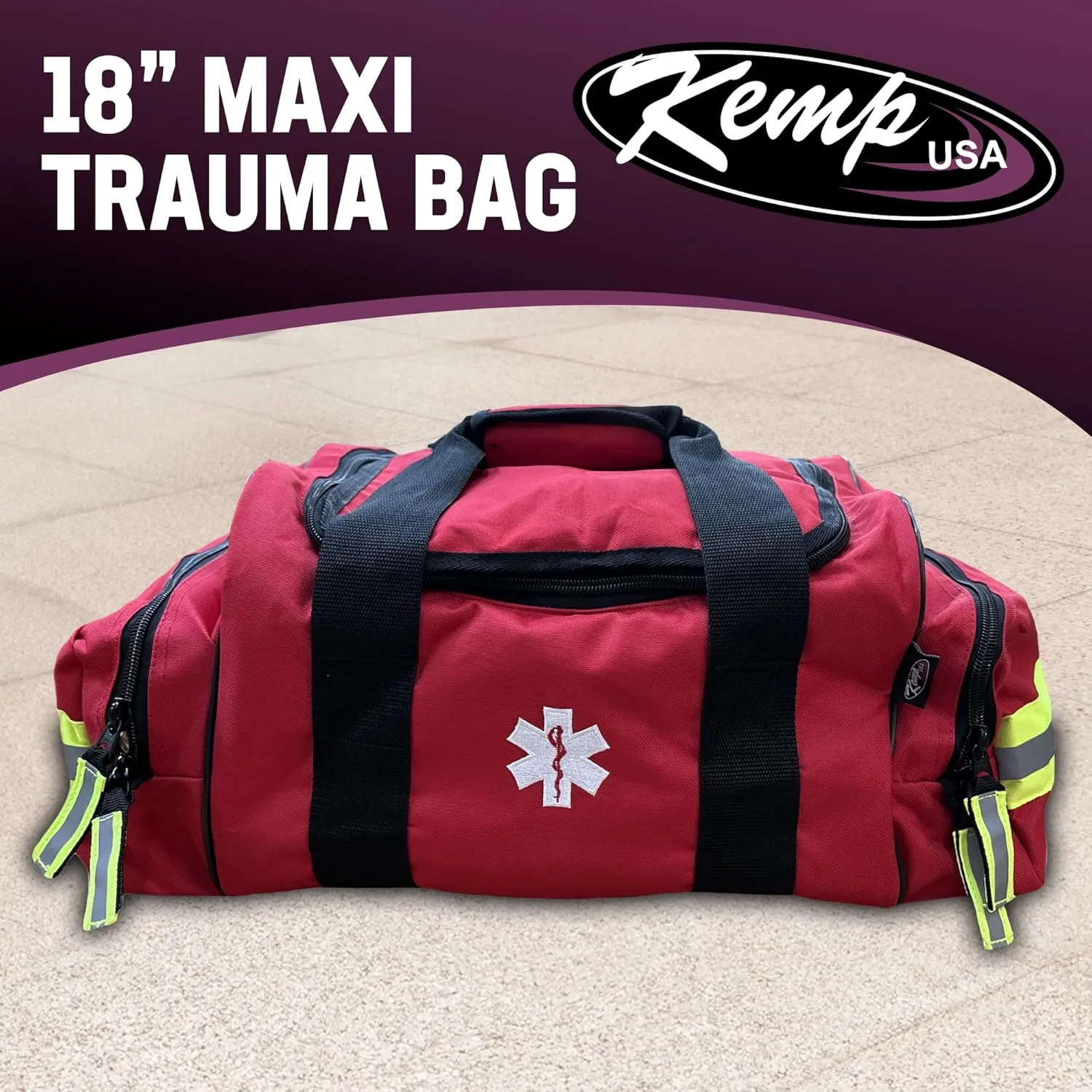 Kemp USA Maxi Trauma Bag - Large First Aid Kit for EMT First Responders - Water Resistant 600D Nylon - Buckle Closure with Adjustable Strap & Reflective Trim - Red