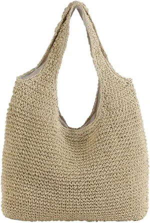 KESYOO Straw Beach Bag Straw Tote Bag Handcraft Crochet Handbag Woven Shoulder Bag Casual Hobo Bag Large Summer Purses for Women (Beige)