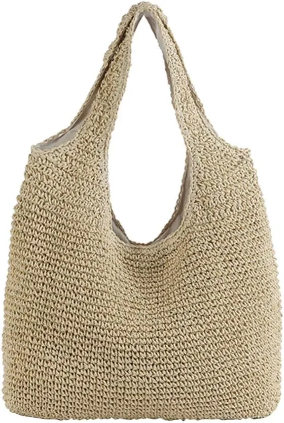 KESYOO Straw Beach Bag Straw Tote Bag Handcraft Crochet Handbag Woven Shoulder Bag Casual Hobo Bag Large Summer Purses for Women (Beige)