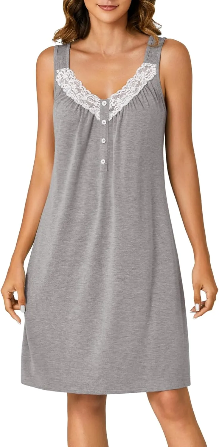 KIFOVEN Women’s Sleeveless Lace Nightgown Cotton Chemise Nightshirt Sleepwear Full Slip Nightdress Sleep Shirt Pj Sleep Dress