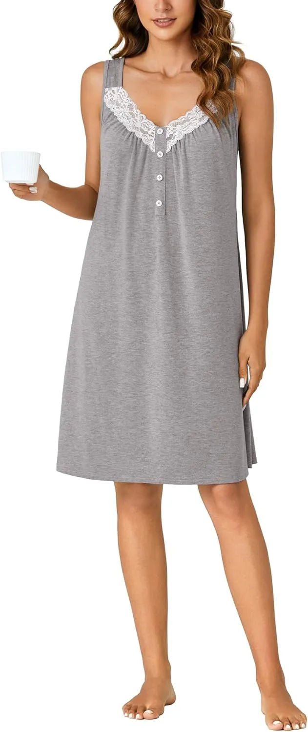 KIFOVEN Women’s Sleeveless Lace Nightgown Cotton Chemise Nightshirt Sleepwear Full Slip Nightdress Sleep Shirt Pj Sleep Dress