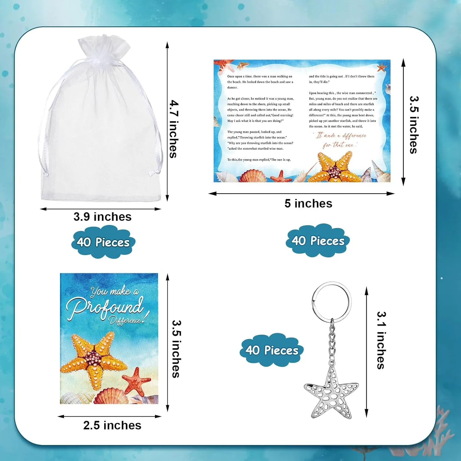 Kigeli 40 Set Starfish Story Gifts Bulk Employee Staff Appreciation Gifts Starfish Story Appreciation Greeting Cards Keychain Mini Keepsake Organza Bags for Nurse Teachers Volunteers Presents(Silver)