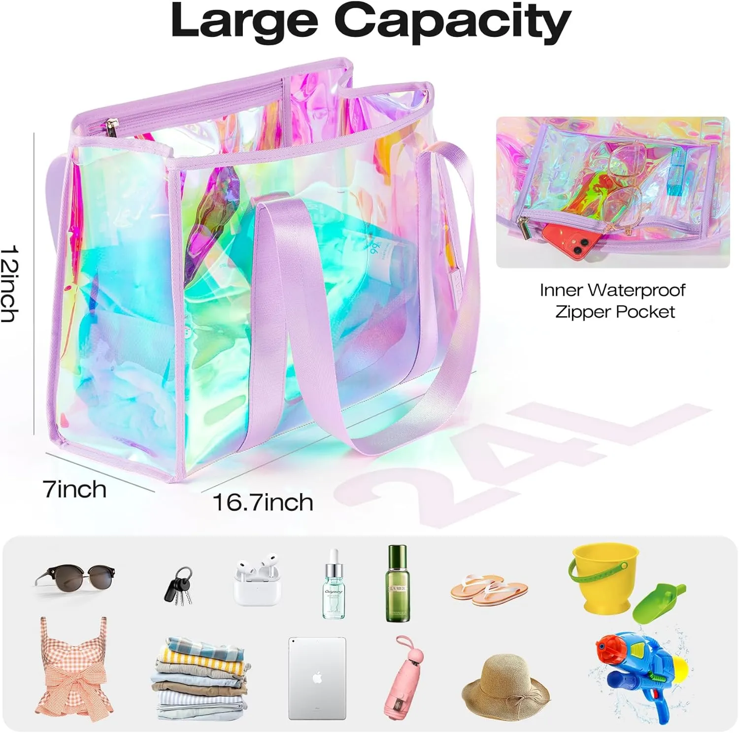 KUAK Large Beach Bag for Women Waterproof Sandproof Tip-Proof Beach Tote Iridescent Bag with Waterproof Pocket for Pool