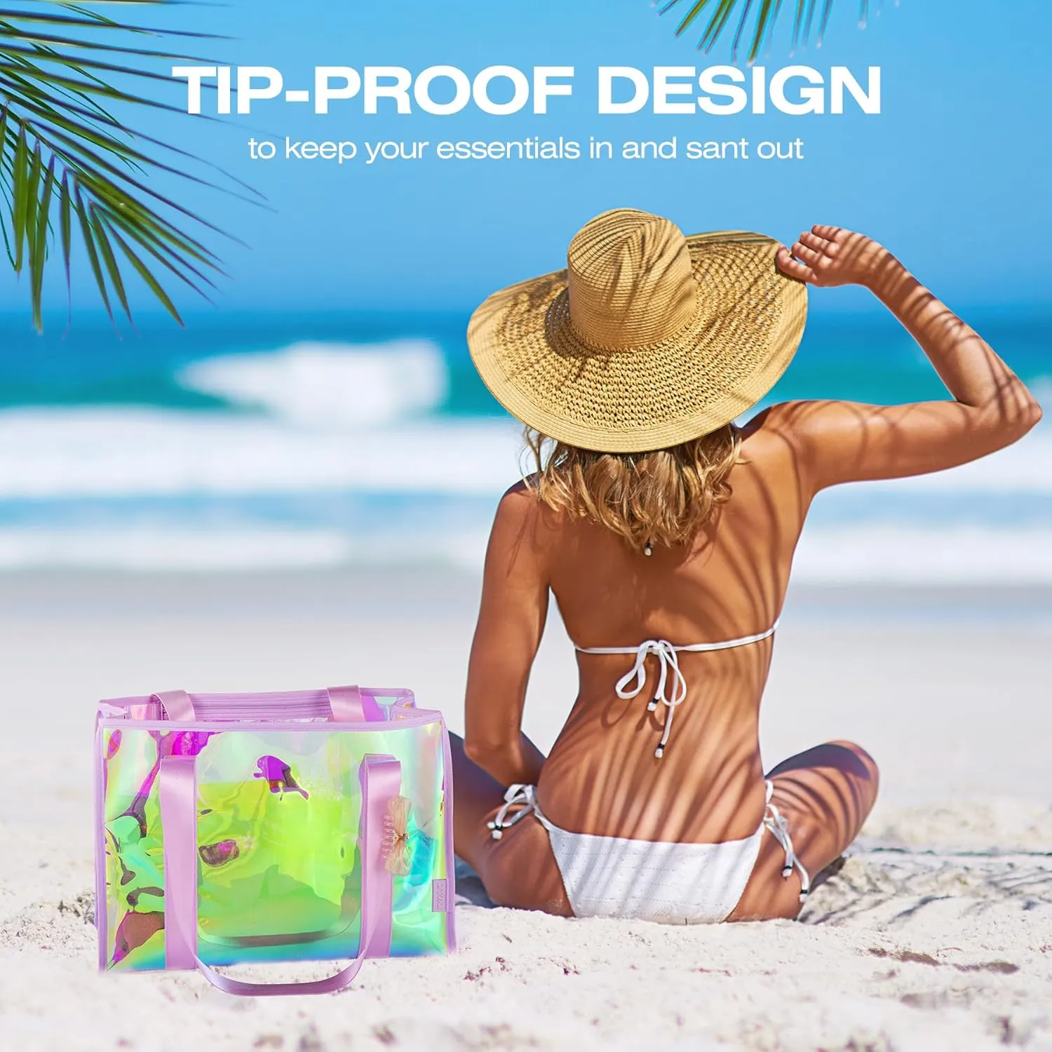 KUAK Large Beach Bag for Women Waterproof Sandproof Tip-Proof Beach Tote Iridescent Bag with Waterproof Pocket for Pool