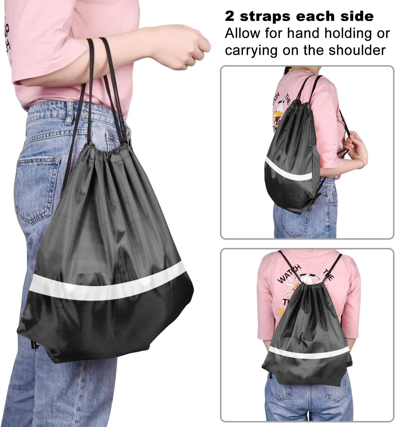KUUQA 12 Pcs Drawstring Backpack Bag Bulk Reflective Backpack Black String Bags Cinch Sack Backpack for Team Yoga Sport Gym Traveling