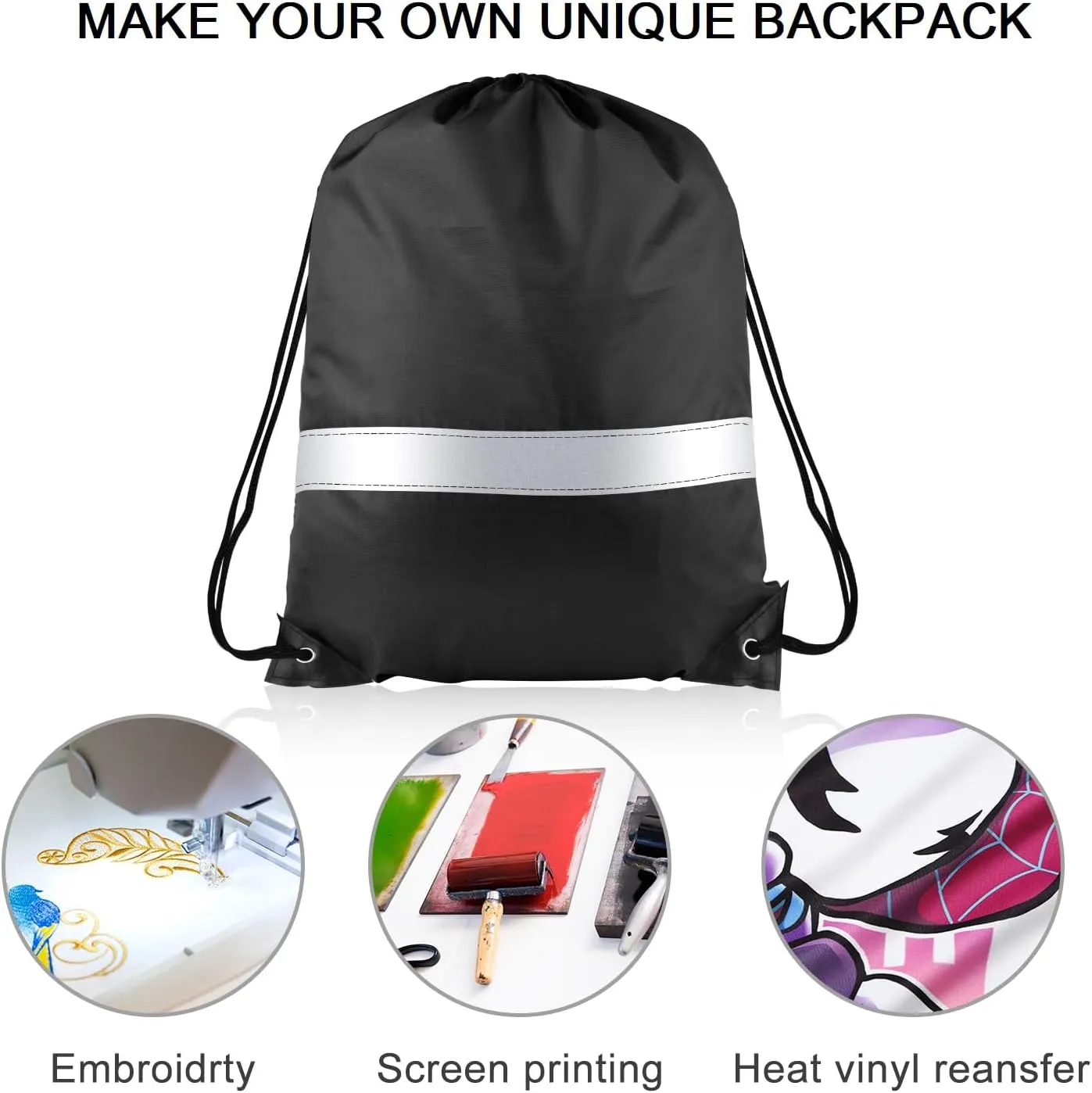 KUUQA 12 Pcs Drawstring Backpack Bag Bulk Reflective Backpack Black String Bags Cinch Sack Backpack for Team Yoga Sport Gym Traveling
