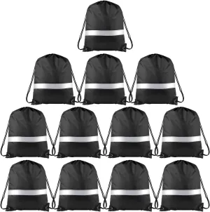 KUUQA 12 Pcs Drawstring Backpack Bag Bulk Reflective Backpack Black String Bags Cinch Sack Backpack for Team Yoga Sport Gym Traveling