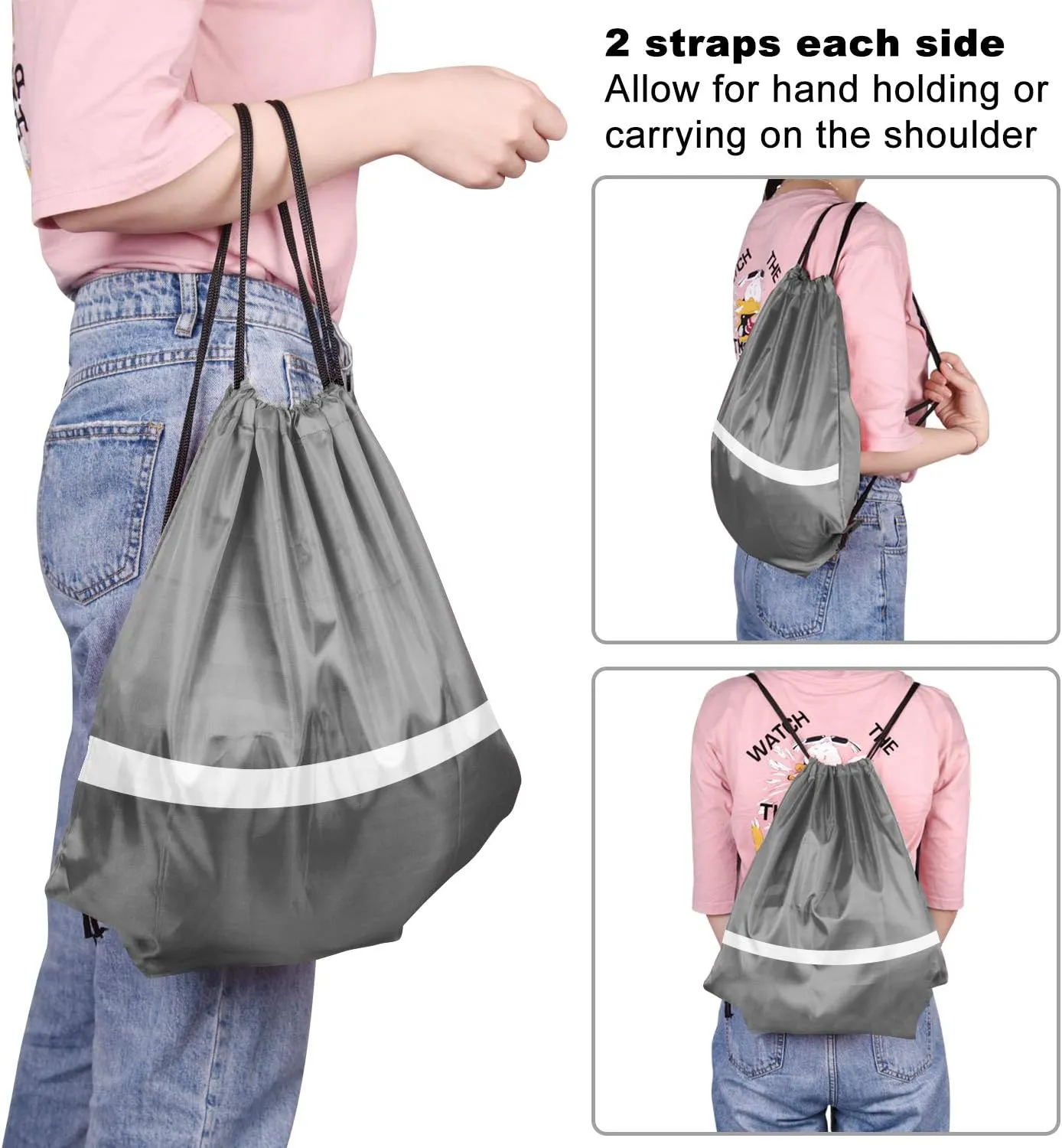 KUUQA 12 Pcs Drawstring Backpack Bag Bulk Reflective Backpack Gray String Bags Cinch Sack Backpack for Team Yoga Sport Gym Traveling