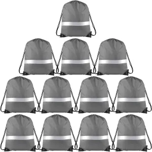 KUUQA 12 Pcs Drawstring Backpack Bag Bulk Reflective Backpack Gray String Bags Cinch Sack Backpack for Team Yoga Sport Gym Traveling