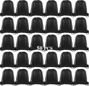 KUUQA 50Pcs Black Drawstring Backpack Bag Sack Drawstring Bags Bulk String Bags Storage Bags for Sport Gym Traveling