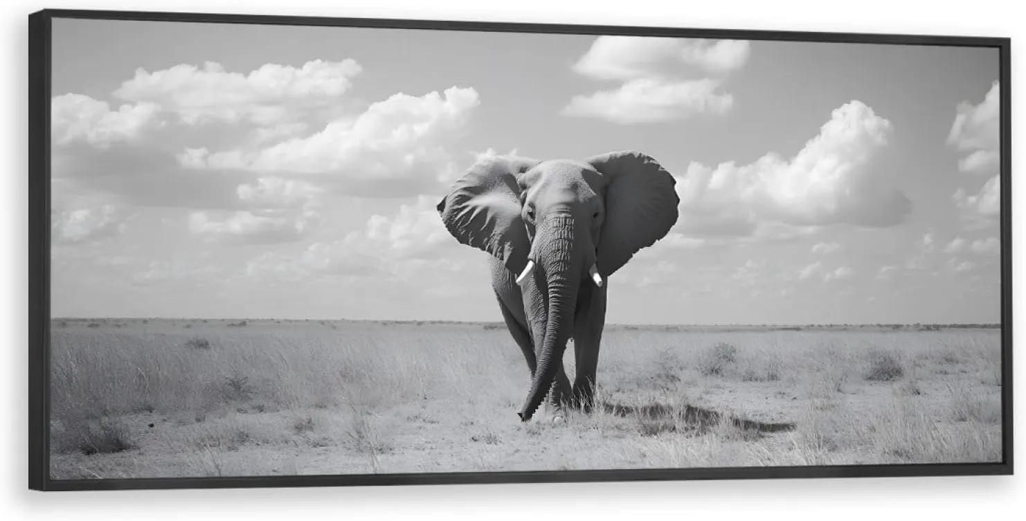 LAIZIHOME Black and White Style Canvas Picture Print Beautiful Sky over African Grasslands Running Elephants Poster Painting Animal Wall Art for Indoor Home Decor 12X30inch With-Black-Frame