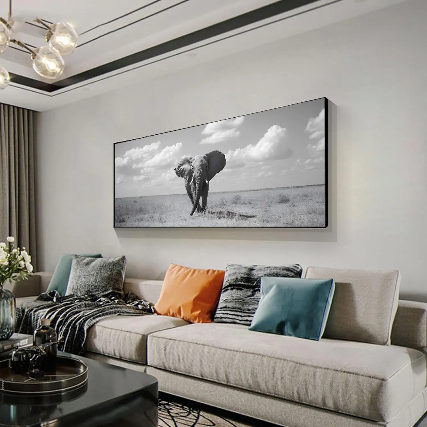 LAIZIHOME Black and White Style Canvas Picture Print Beautiful Sky over African Grasslands Running Elephants Poster Painting Animal Wall Art for Indoor Home Decor 12X30inch With-Black-Frame