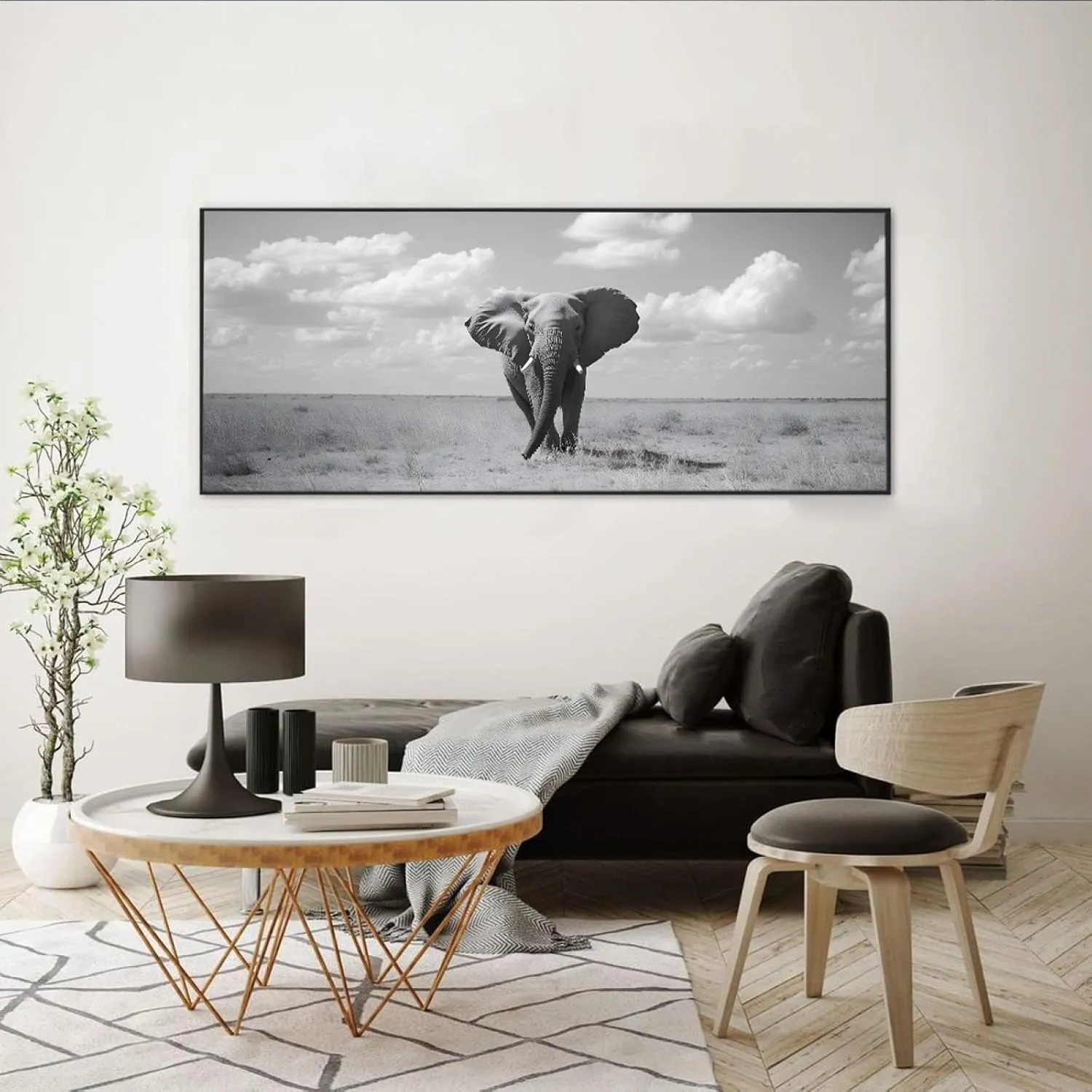 LAIZIHOME Black and White Style Canvas Picture Print Beautiful Sky over African Grasslands Running Elephants Poster Painting Animal Wall Art for Indoor Home Decor 12X30inch With-Black-Frame