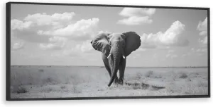 LAIZIHOME Black and White Style Canvas Picture Print Beautiful Sky over African Grasslands Running Elephants Poster Painting Animal Wall Art for Indoor Home Decor 12X30inch With-Black-Frame