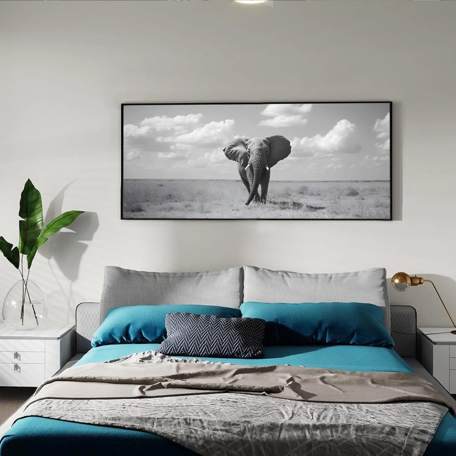 LAIZIHOME Black and White Style Canvas Picture Print Beautiful Sky over African Grasslands Running Elephants Poster Painting Animal Wall Art for Indoor Home Decor 12X30inch With-Black-Frame