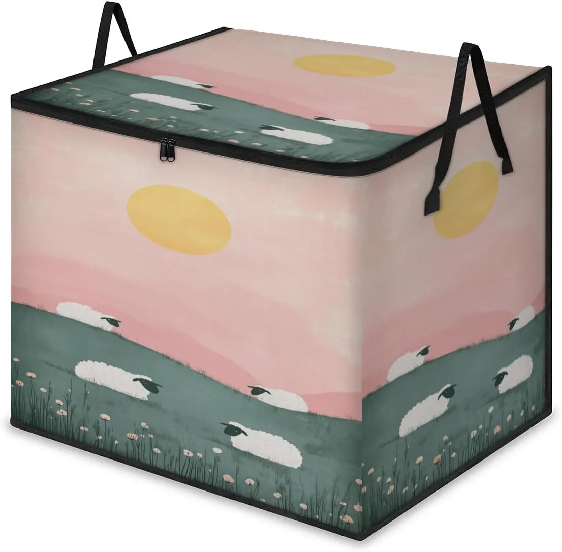 Lamb Sheep Large Storage Bags Sunset Grasslands Foldable Clothes Storage Bins Blanket Organizers Storage Containers with Reinforced Handles for Closet Comforter Pillow Bedding