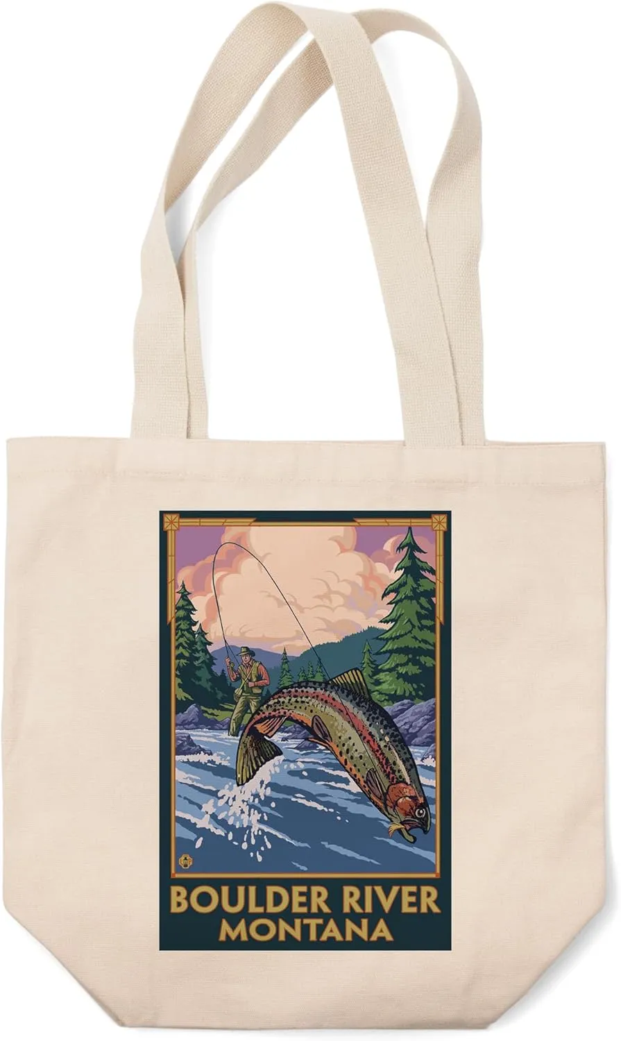 Lantern Press Boulder River, Montana, Angler Fly Fishing Scene (100% Cotton Canvas Reusable Tote Bag)